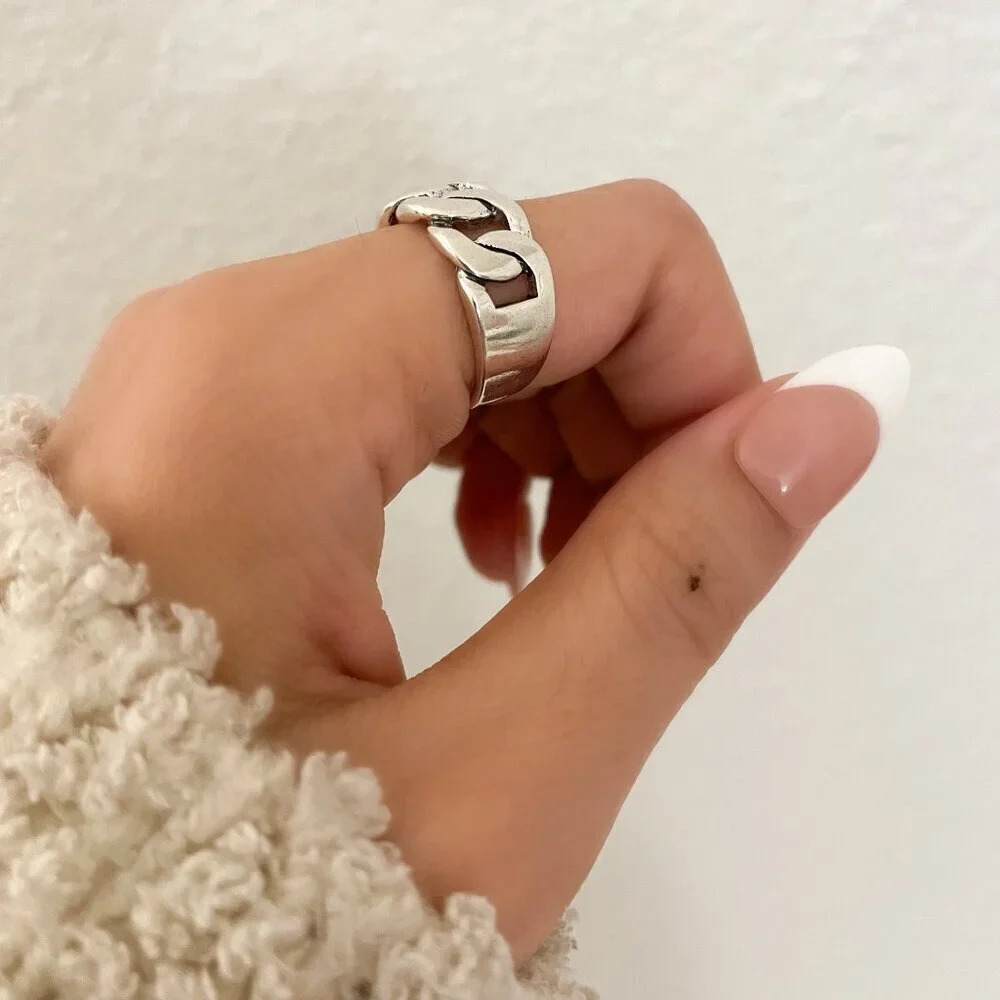 925 Sterling Silver Chunky Ring Curb Chain Ring Thick Wide Ring Band Bold Ring - Picture 4 of 11